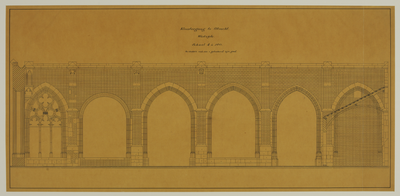 216787 Opstand van de westelijke arm van de kloostergang van de Domkerk te Utrecht; situatie van voor de restauratie.